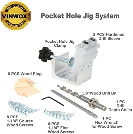 Vinwox 31 PCS Pocket Hole Jig Ferramentas de madeira ajustável com broca de etapa e parafusos e bits