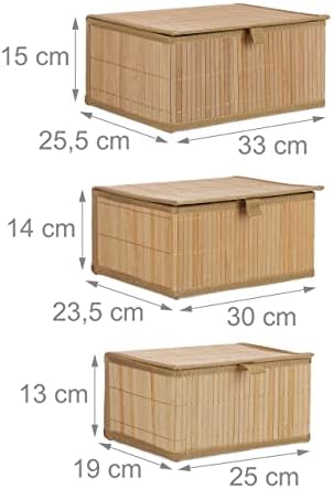 Relaxdays Conjunto de 3 cestas de armazenamento de bambu, caixas de armazenamento com tampa, recipiente de bambu, armazenamento decorativo, natural