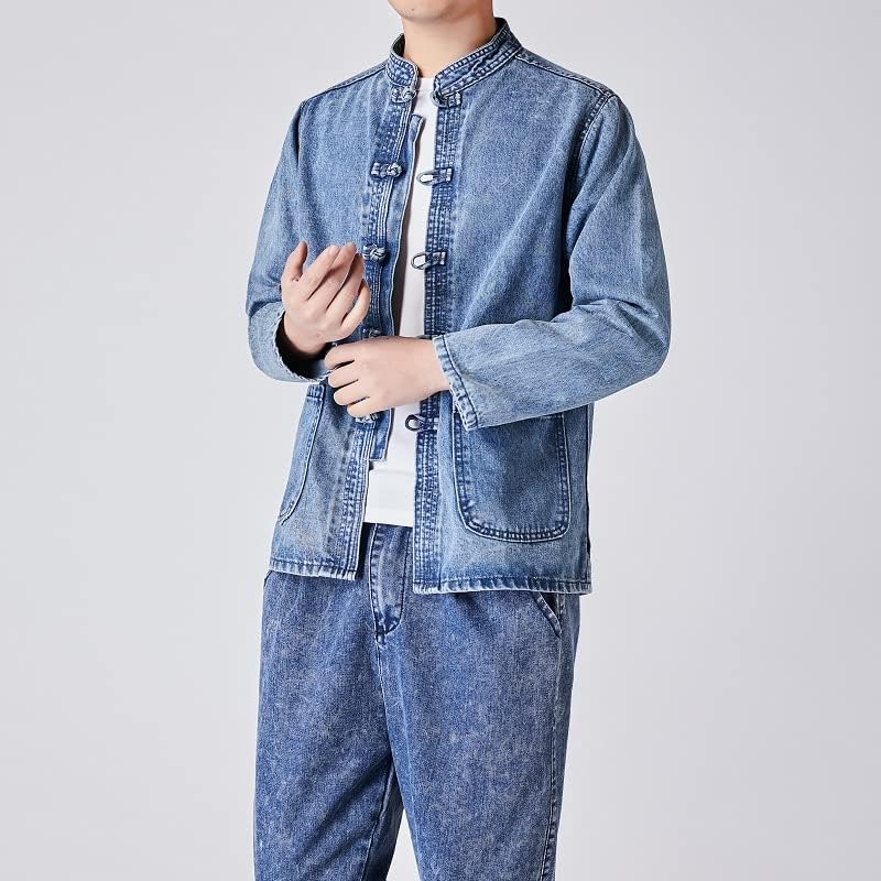 CJQJPNZ Autumn estilo chinês Lavar jaqueta jeans stand-up jaqueta jeans casual jaqueta de algodão para homens