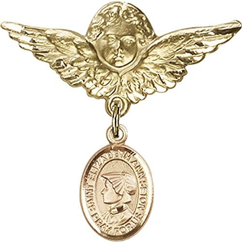Distintivo de bebê cheio de ouro com St. Elizabeth Ann Seton Charm e Angel w/Wings Badge Pin 1 1/8 x 1 1/8