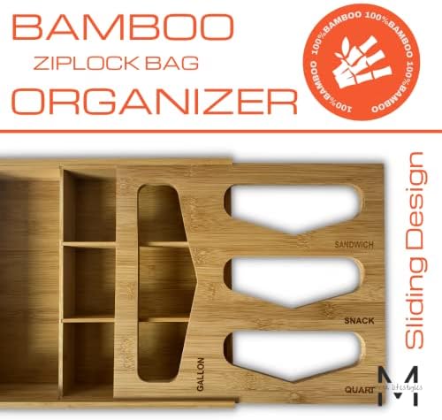 Mesa Estilos de vida Bamboo Organizador de armazenamento de saco de ziplock, sacos de alimentos Dispensador de grande
