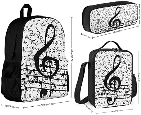 Damtma Notas Musicais Clássica Mochila 3 Peças Conjunto de livros e lancheira Backpack de laptop