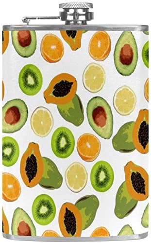 Balão de quadril para bebidas inoxidáveis ​​à prova de vazamento de aço inoxidável com funil 7.7 oz de couro ótima ideia de presente de frasco - mamão limão laranja abacate kiwi fruta