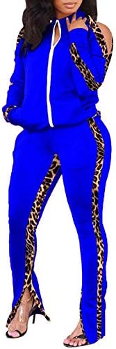 Ramoug Women's Color Block Zipper Up 2 Peças Pontos de calças de leopardo roupas frias no ombro