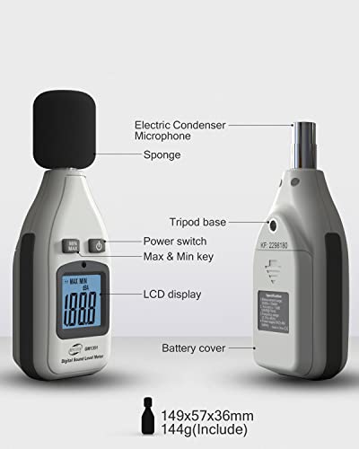Medidor de decibel de Benetech, medidor de nível de som digital com faixa de medição de 30 a 130 dBA, tela LCD