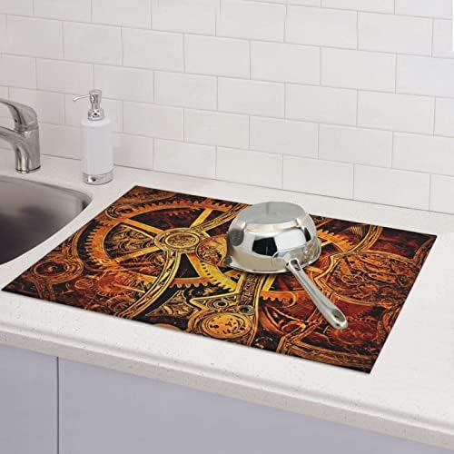 Tapetes de secagem de pratos grandes para balcão de cozinha 18x24 polegadas, engrenagens fiéis de steampunk laves