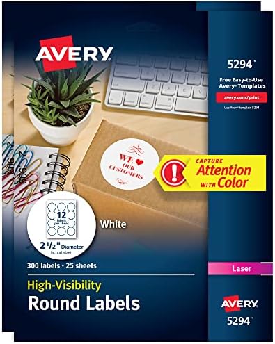 Avery Printable Blank Scallop Round Gift Tags, branco texturizado, 90 tags personalizáveis ​​e rótulos redondos imprimíveis de alta visibilidade com rótulos seguros, 2,5 de diâmetro, branco, 300 por pacote, 2 pacotes