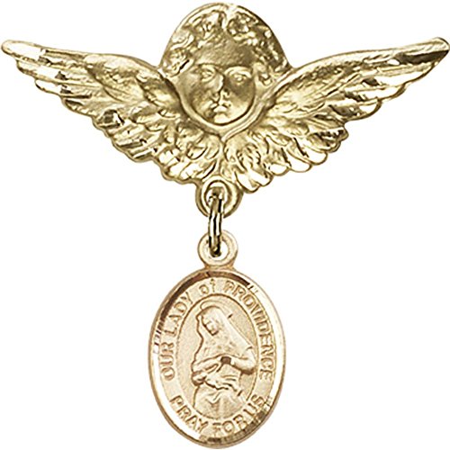 Distintivo para bebês cheio de ouro com o charme de Nossa Senhora da Providence e Angel With Wings Badge