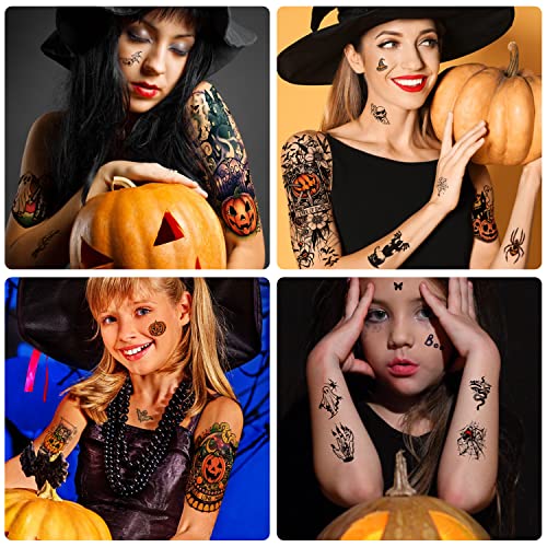 Soovsy 44 lençóis Halloween Tatuagens temporárias de braço completo para aldult, tatuagens falsas de abóbora,