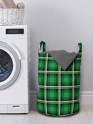 Bolsa de lavanderia de esmeralda lunarável, padrão geométrico com esquema de cores vívidas quadrados e linhas design de estilo tartan, cesta de cesto com alças fechamento de cordas para lavanderias, 13 x 19, verde preto preto
