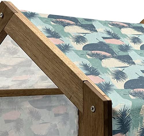 Ambesonne Tropical Wooden Dog House, plantas havaianas de folhas e um fundo, canil portátil interno e externo com travesseiro e capa, 2x-grande