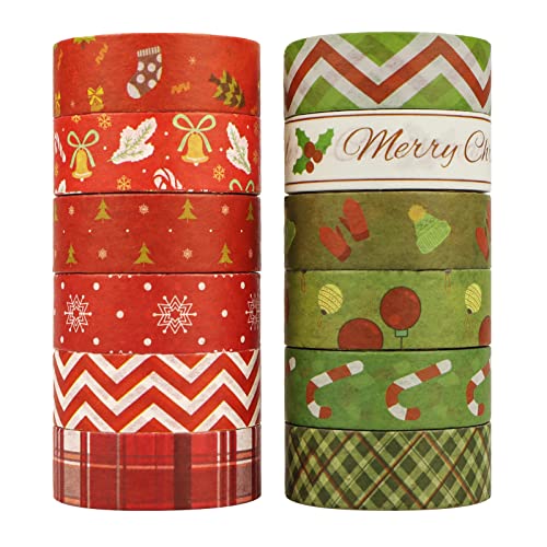 12 Rolls Christmas Washi Fita Set Red Holida de feriado verde Tape sazonal Washi Tema de Natal Decorações de