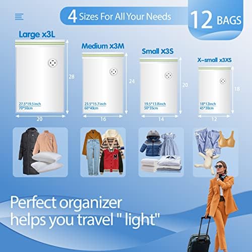 Sacos de compressão de 12p para viagens, sacos de viagem a vácuo para bagagem, sacos de armazenamento de vácuo de economia de espaço para roupas, sacos de embalagem com bomba de mão, itens essenciais de viagem