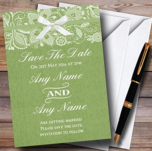 Vintage Sage Green Burlap & Lace Casamento Personalizado Salve os cartões de data