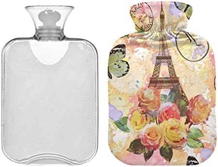 Garrafas de água quente com capa Paris Travel Eiffel Tower Hot Water Bag para alívio da dor, cólicas de época, garrafas