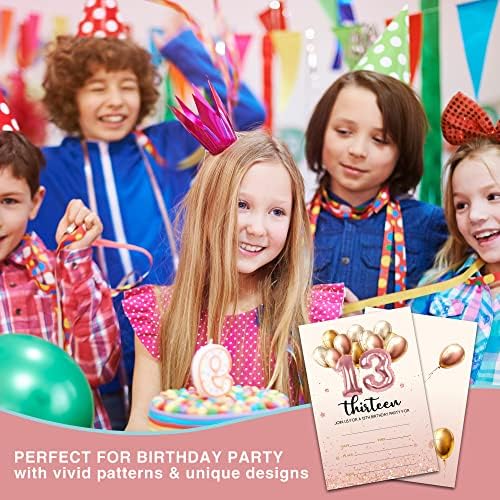 Ziiufrn 13º aniversário de festa de aniversário, blush balões de ouro convites com envelopes, adolescentes preenchendo convites personalizados para meninos e meninas-A01