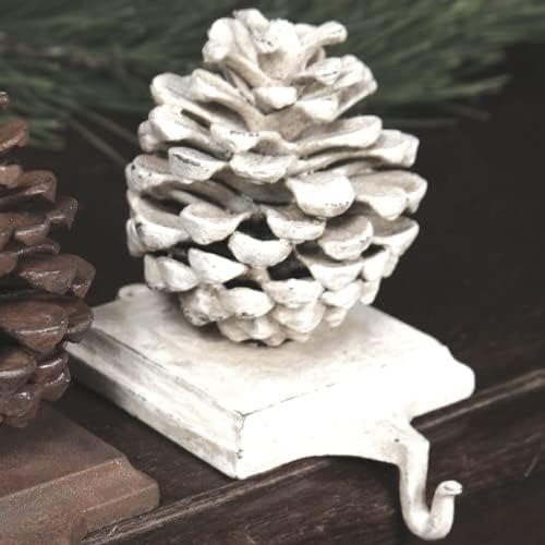 Titular de meia de pinhão branco de ferro fundido, independente para prateleiras e lares, decoração de Natal, decoração sazonal, 4,5 polegadas de altura
