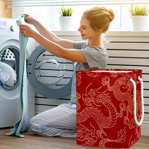 Dragão chinês Dragão vermelho impressão grande cesto de lavanderia com alça fácil de transporte, cesta de lavanderia dobrável à prova d'água para caixas de armazenamento Organizador da casa do quarto de crianças