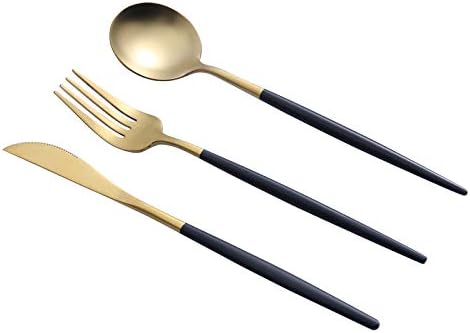 Conjunto de talheres de faca de faca de 3pcs, talheres de jantar de aço inoxidável portátil com alças pretas, utensílios de uso de talheres para viagens de festa em casa, ouro e preto