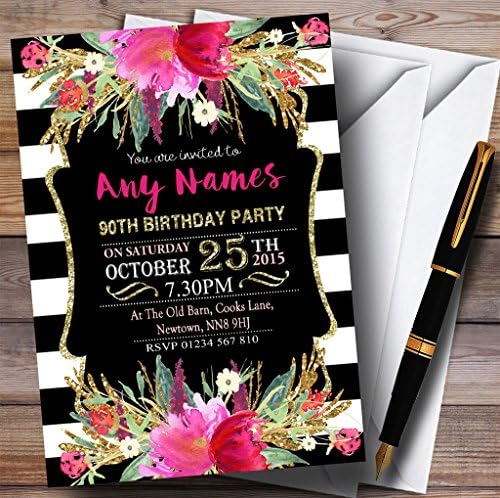 Pink Black & White listrado Floral 90º convites de festa de aniversário personalizados