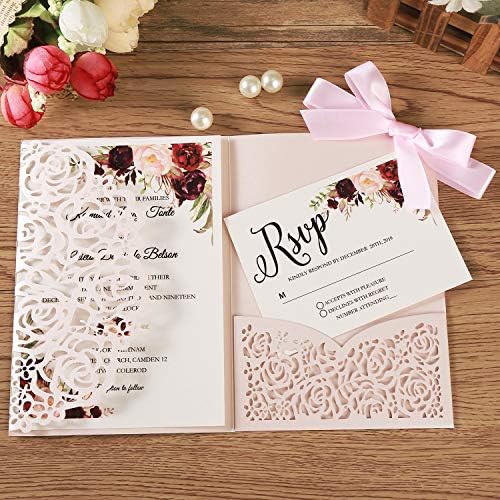 Kuchynee 5.1x7,1 polegadas 50pcs corado rosa kits de convite de casamento em branco rosa convites