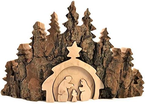 Dolfi Rustic Natural Tree Nativity Scene 7.5 por 4,5 polegadas esculpidas em madeira européia