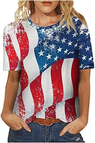 Manga curta Top Teen Girl Crew Skew Neck Racerback Lace Independence Day Flag Lounge Tops Camisas Womens