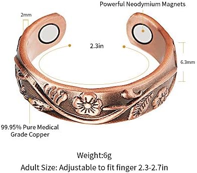 Wollet Jewelry Pure Copper Rings Conjunto de 3pcs anel de cobre magnético com ímãs tamanho ajustável