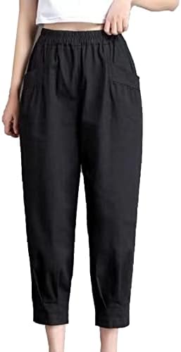 Calça de linho casual feminino calça cortada cintura elástica calça de praia folgada de verão calça de