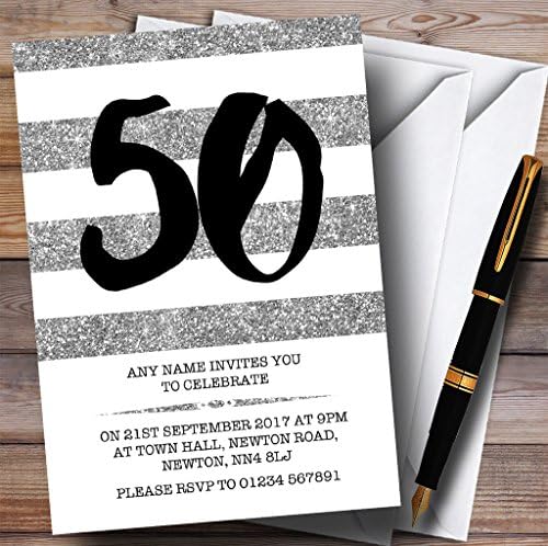 Glitter Silver & White listrado 50º convites de festa de aniversário personalizados