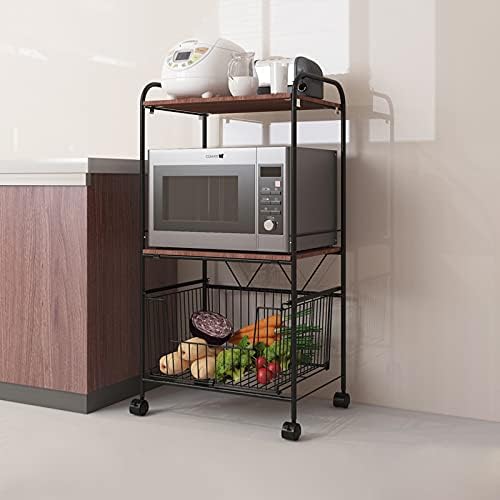WGWioo Kitchen Microwave Forno Stand, Unidade de prateleiras de metal de 3 níveis com cesta de malha removível para quarto, sala de estar, banheiro, escritório