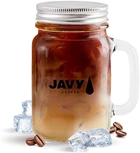 Javy Coffee Mason Jar Caneca de café, bebendo pedreiro com alça, xícara de café gelada reutilizável, jarra de vidro durável para bebidas quentes e frias, xícara de café gelo, jarra de pedreiro com alça e tampa, 16 onças