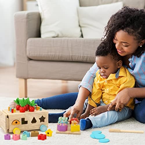 Woodtoe 9 em 1 Toys de madeira Montessori para crianças pequenas - caixa de permanência de objetos, classificação de forma e empilhamento de brinquedos, caixa de moedas, caixa de bola, colheita de cenoura, jogo de bola de libra - brinquedo de aprendizado educacional para criança