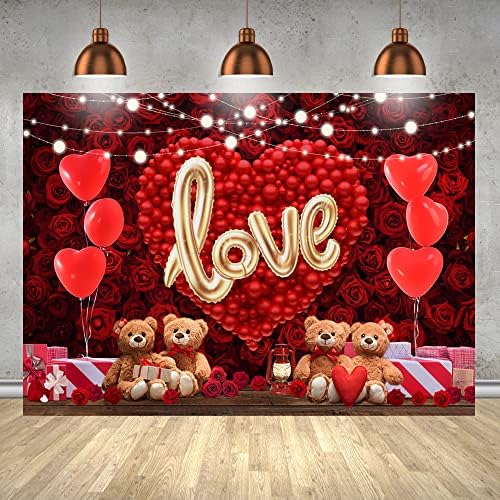Penário do Dia dos Namorados de Lofaris para fotografia de 7x5ft Balão vermelho Heart Bear Doll Background