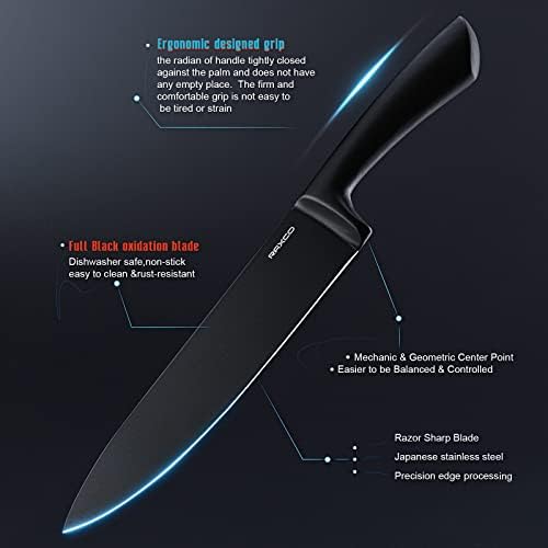 Knife Set Black, Faca Raxco Conjunto com bloco para cozinha de 8 lances de faca de bife de 6-peças.