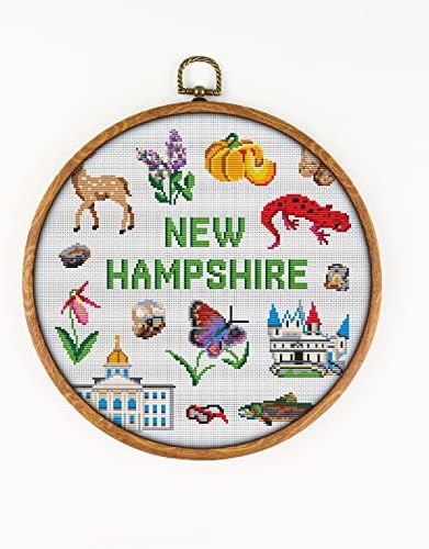 Coleção de New Hampshire CS2007 - Kit de ponto cruzado contado#3. Trecos, agulhas, tecido, argola de bordado, encadeador de agulha, cortadores de bordados e padrão de cores impressas dentro.