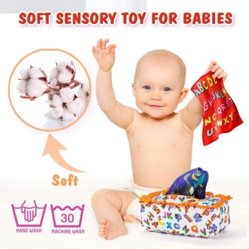 EFO SHM Baby Toys 6 a 12 meses, Montessori Toys para bebês 6 a 12 meses, caixa de lenços de papel mágica macia do bebê, bebês contrastem brinquedos sensoriais para meninos de 1 ano, garotos, garotos cedo aprendem brinquedos para bebês presentes de bebê presentes para bebês