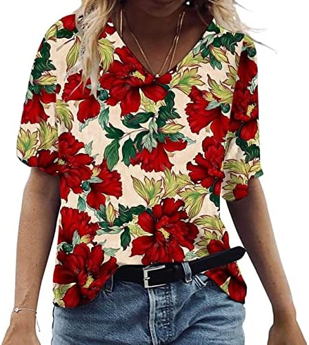 Camiseta superior de manga curta para meninas algodão / pescoço brunch floral brunch solto ajuste plus size size relaxado tshirt uj
