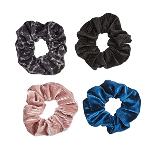 O conjunto de presentes de veludo de luxo original do Scrunchie® inclui 4 scrunchies exclusivos: Leopard, preto, rosa, cerceta na caixa de apresentação de acrílico