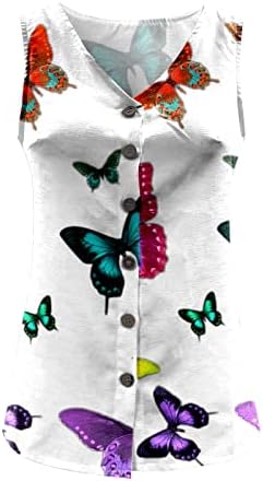 Guangyuan Women Summer Button Up camisa de camisa sem mangas V Casual V pescoço Butterfly Impresso Cotton