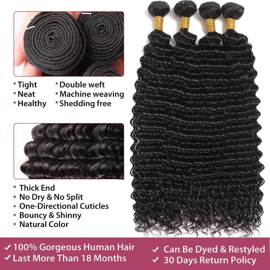 Pacotes de cabelo humano profundos cacheados não processados ​​Virgem Virgin Hair Teave Pacotes 150% densidade Curly Wave 4 Bundles Extensões de cabelo humano para mulheres cor natural