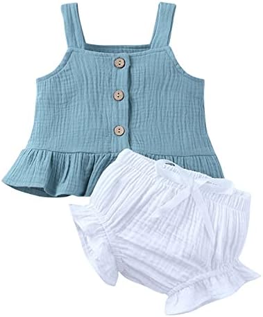 Xbgqasu bebê recém -nascido garotas de algodão linho de algodão Summer com cinta sem mangas camisetas shorts tampas definidas