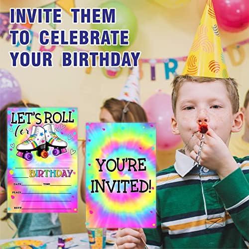 Convites de aniversário de skate de rolos de tinta Tie, vamos rolar! Cartões de convite para festa de aniversário （20 contagem) com envelopes, preencha cartões de convite de estilo para meninos e meninas, festa de aniversário Favor & Supplies-B39