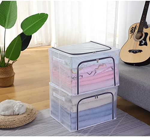 Kaysun empilhável armário de armazenamento transparente com tampas à prova de aço dobrável Caixa de armazenamento de armação de aço para roupas 66L Baby Ploth Storage Bag Organizer para roupas de cama brinquedos