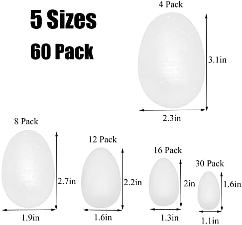 Ffchuanhe 60pack ovos de espuma artesanal, ovos de espuma de poliestireno, 5 tamanhos, incluindo 1,6-3,15 polegadas, uso para Páscoa, Halloween, Escola, Projetos de decoração de bricolage em casa.