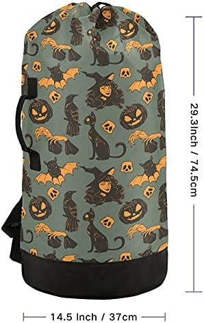 Halloween Black Cat Abumpkins Saco de lavanderia Pesava mochila de lavanderia com alças de ombro e alças Bolsa