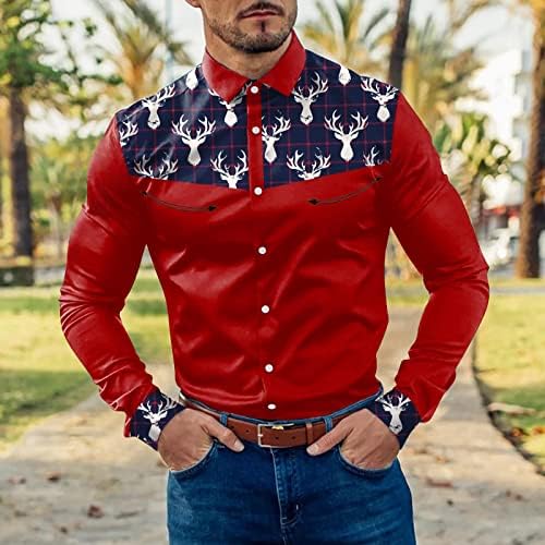 Camisas de outono do ZDDO para homens, colorblock de retalhos de retalhos de rena manta de manga longa de