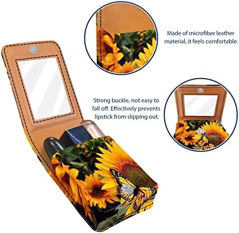 Caixa de batom com espelho para bolsa Mini maquiagem Bolsa de maquiagem Viagem Bolsa cosmética Batom de couro