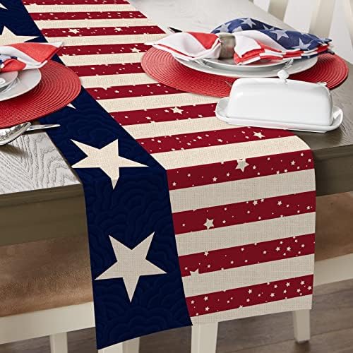 Seliem Patriótico Americano 4 de julho Estrelas de listras Runner de mesa, Decoração de jantar