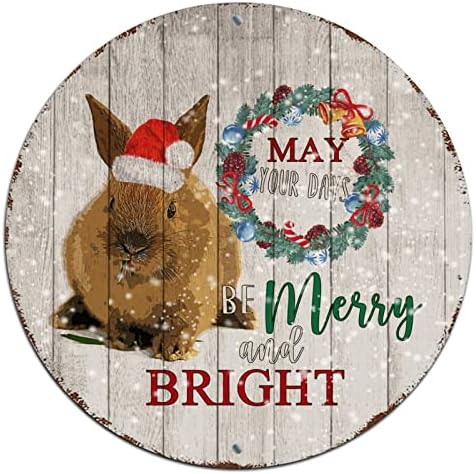 Feliz Christmas Door Sign Fazenda Animal Rabbit Merry Frega brilhante redonda Metal Tin Sign Pendurado Decorações de Natal